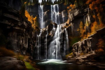 A dramatic waterfall splitting into multiple streams as it descends over a rugged cliff face.