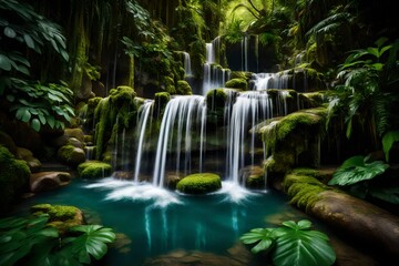A majestic waterfall cascading into a crystal-clear pool surrounded by lush foliage.