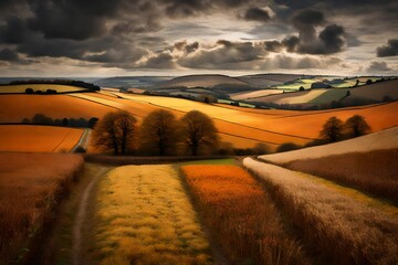 An autumnal scene of a flat countryside with a patchwork of orange and yellow fields under a calm, grey sky.