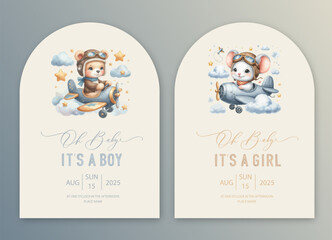 Cute baby shower watercolor arch invitation card with bear and rabbit pilot on an airplane. Hello baby calligraphy. - obrazy, fototapety, plakaty