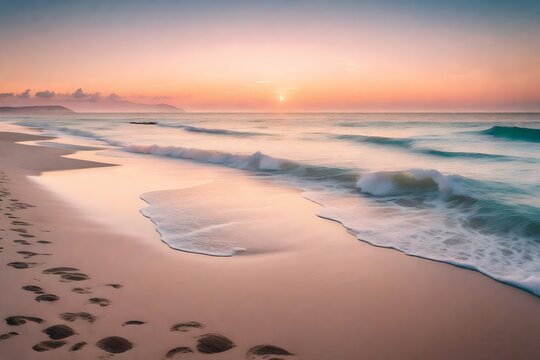 A flat coastal landscape with a sandy beach meeting calm sea waters under a pastel-colored dawn sky.