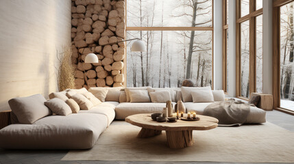 The interior of a cozy modern ecolodge neutral living room with white walls, in the style of textured interiors