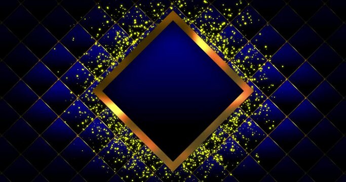 Abstract sky blue gradient color Luxurious background with bright golden square ring over dark color square shape over floating glowing golden dust particle over square grid pattern.
