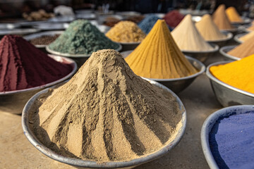 Pyramids of spices and color powder on Egyptian market in Aswan Egypt