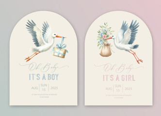 Cute baby shower watercolor invitation card with stork and bundle. Hello baby calligraphy. - obrazy, fototapety, plakaty
