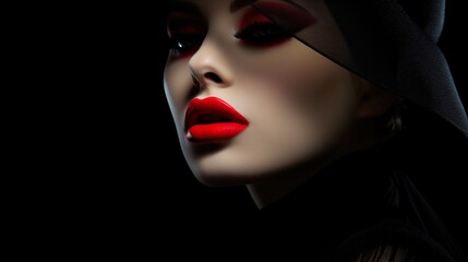 young beautiful elegant lady with red seductive lips and in vintage black hat, studio shot