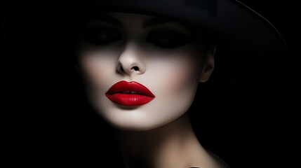 young beautiful elegant lady with red seductive lips and in vintage black hat, studio shot - obrazy, fototapety, plakaty