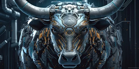 Zelfklevend Fotobehang Powerful fighting bull concept. Generative AI © crisagperez