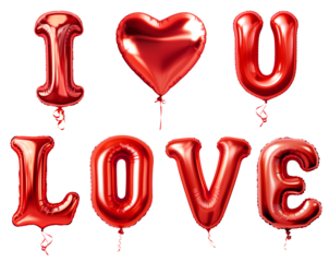 Set of I LOVE YOU and heart shaped red foil shiny balloons on transparent background cutout, PNG file. Mockup template for artwork graphic design. invitation, party, invite
