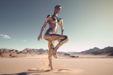 Crome robot woman dancing in the desert. Artificial intelligence rise and shiny. Mechanical beauty