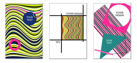 Geometric cover design, set of 3 covers. Abstract unusual background in Memphis style. Bright geometric shapes in random order