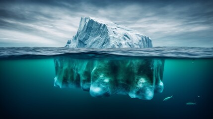 Big Iceberg significant part submerged underwater as unseen efforts for success. Hidden struggles hard work contribute to visible achievements, depth of dedication perseverance behind surface concept.