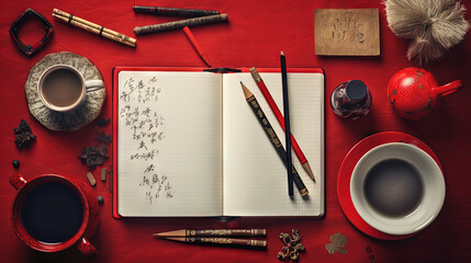 Cup of coffee and notepad with pen composition, top view - obrazy, fototapety, plakaty