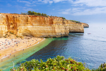 Benagil beach in Algarve, Portugal, Europe. View of the beach in Benagil. Praia de Benagil beach on...