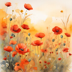 Fototapeta premium Watercolor poppy field, generative ai