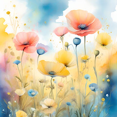 Watercolor poppy field, generative ai

