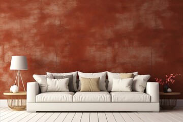 White Sofa against Terra Cotta Marble Wall in Modern Minimalist Living Room Interior Design