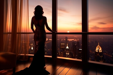 A rich elegant woman in a dress looks at the sunset over the skyscrapers while standing on the balcony of her penthouse. - obrazy, fototapety, plakaty