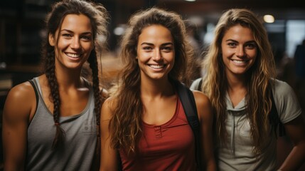 Fototapeta premium A group of girl friends after a workout in a gym, gym gear, smiling, warm color palette.