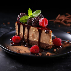 Chocolate cheesecake with berries on black plate