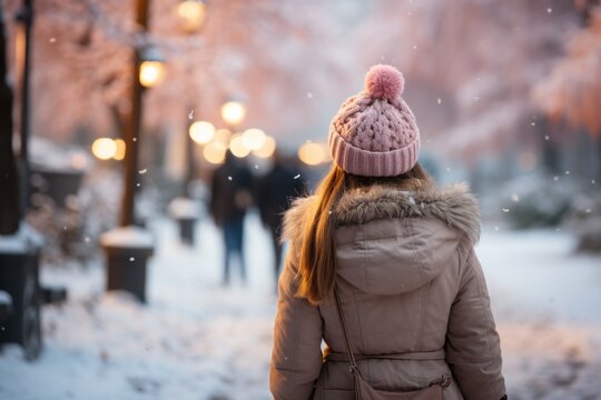 A girl with a pink beanie, blonde hair, walking in the city on a snowy day.