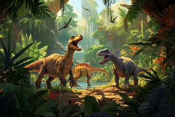 Step into the past with this imaginative illustration depicting dinosaurs thriving in a lush prehistoric Jurassic jungle. Ai generated - obrazy, fototapety, plakaty