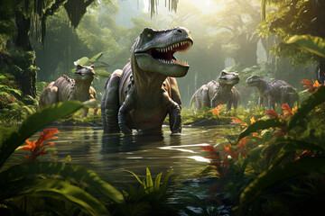 Step into the past with this imaginative illustration depicting dinosaurs thriving in a lush prehistoric Jurassic jungle. Ai generated