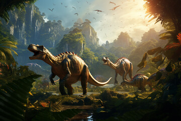 Step into the past with this imaginative illustration depicting dinosaurs thriving in a lush prehistoric Jurassic jungle. Ai generated - obrazy, fototapety, plakaty