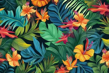 Schilderijen op glas Tropical exotic pattern with animal and flowers in bright colors and lush vegetation. Ai Generative. © Mix and Match Studio