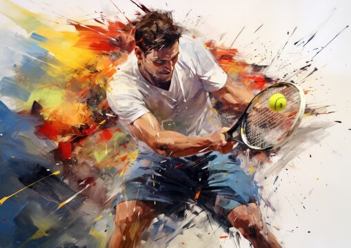man hitting tennis ball in splatter paint Generative AI