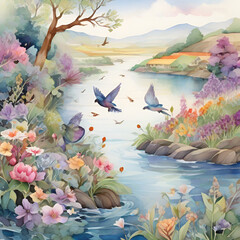 River landscape watercolor, generative ai