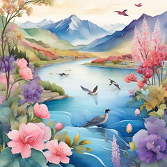 Fototapeta na wymiar River landscape watercolor, generative ai