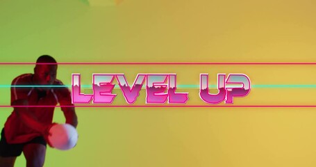 Animation of level up text over neon pattern african american rugby player - Powered by Adobe