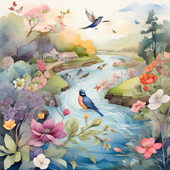 River landscape watercolor, generative ai