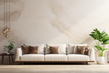 Minimalist Living Room Interior with Comfy White Sofa Against Terra Cotta Marble Stone Wall