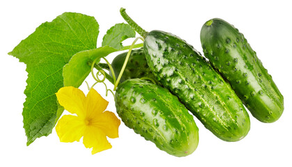 Fresh cucumbers with yellow flowers and green leaves. Ripe cucumber vegetables. Organic food. Isolated. PNG.