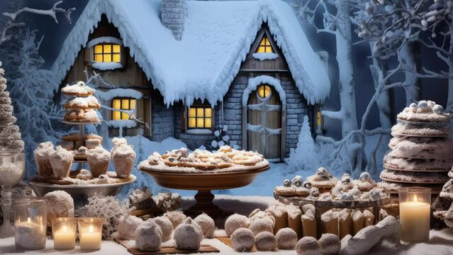 Christmas Winter snow photo Lebkuchenhaus mit Zuckerguss und Beleuchtung in weihnachtlicher Stimmung. Ideal als Hintergrundbild zum - Seamless loop animation, created using AI Generative Technology