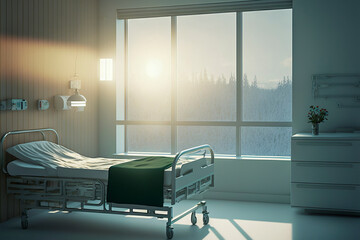 a bed in a hospital room, which has a large window with a view of a forest. The room is lit by sunlight coming through the window, ai generative