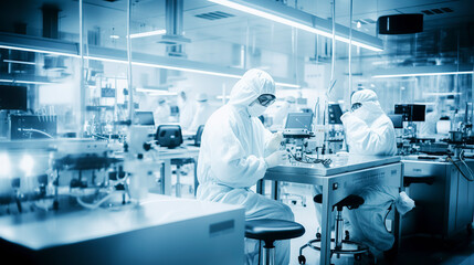 Two people in protective gear are working in a blue-tinted laboratory, surrounded by scientific...