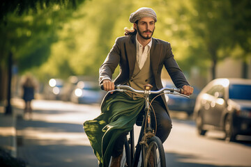A man in a suit and hat is riding an old-fashioned bicycle down a tree-lined street with parked cars, creating a nostalgic tone. ai generative