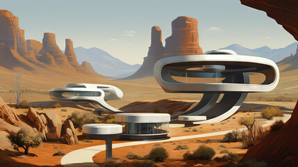 Retro futuristic architecture in sci-fi scene on the desert planet. Alien landscape with nostalgic retro future constructions - obrazy, fototapety, plakaty