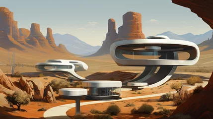 Foto op Canvas Retro futuristic architecture in sci-fi scene on the desert planet. Alien landscape with nostalgic retro future constructions © swillklitch