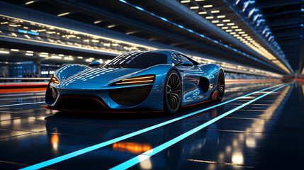 a blue sports car stands polished in a colorful futuristic street environment