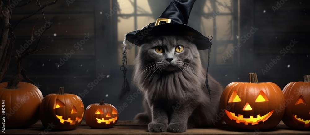 Aufkleber Gray cat in witch costume surrounded by bats Copy space image Place for adding text or design