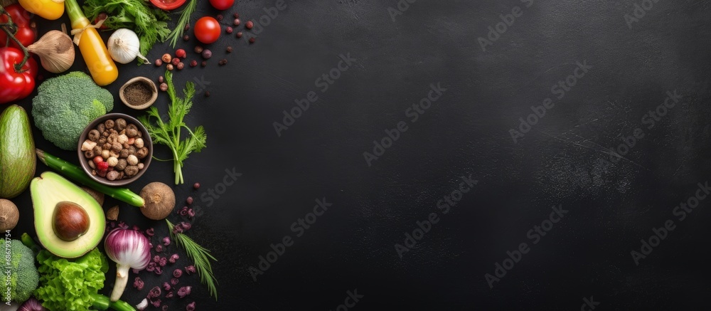 Poster Healthy and balanced organic food ingredients for cooking viewed from above on a dark stone table Copy space image Place for adding text or design