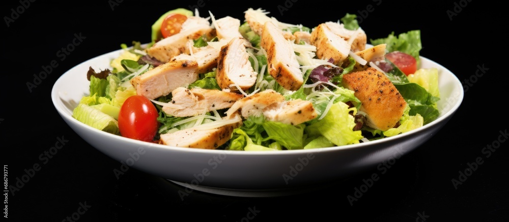 Poster Grilled chicken with fresh greens and croutons Copy space image Place for adding text or design