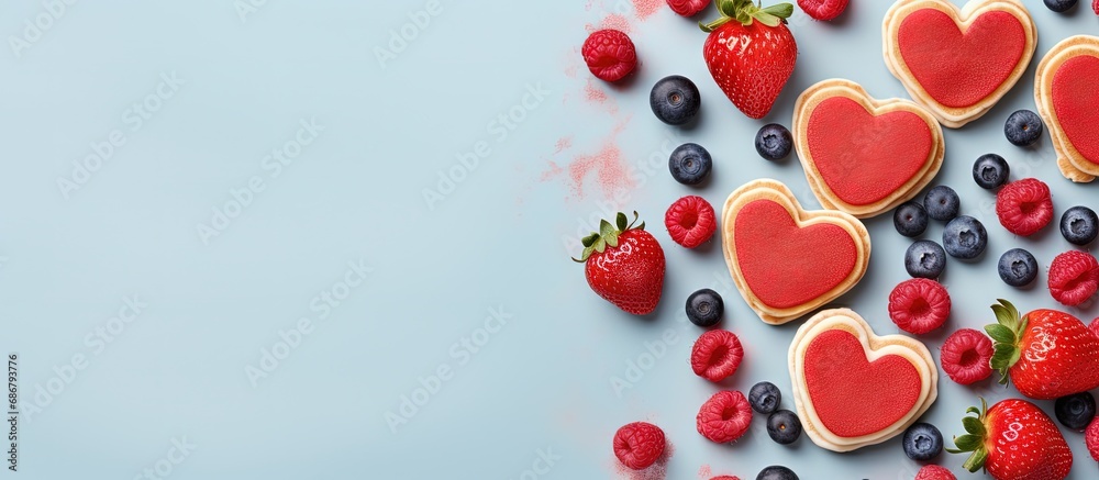 Poster Heart shaped mini pancakes topped with berries make for a tasty Valentine s Day breakfast with a lovely food backdrop Copy space image Place for adding text or design