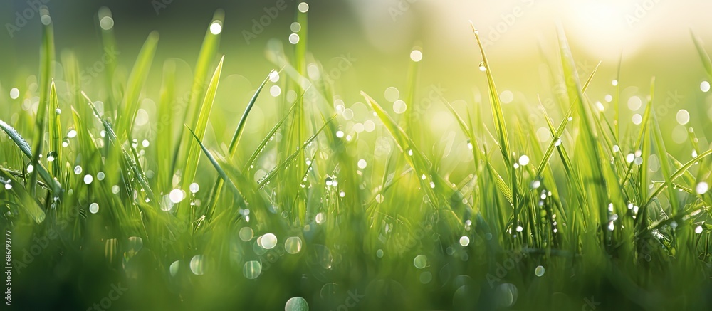 Poster Gorgeous close up photo of fresh green grass dew and nature Copy space image Place for adding text or design