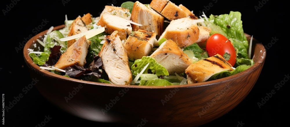 Poster Grilled chicken with fresh greens and croutons Copy space image Place for adding text or design