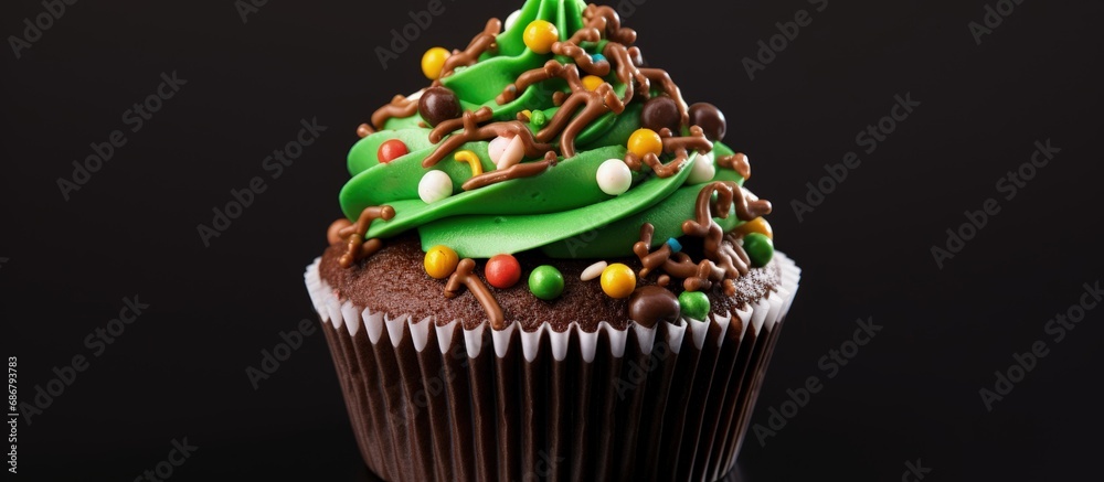 Poster halloween themed cupcake with colorful decoration isolated on white background in high quality close